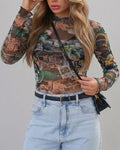 Women's Y2K Vintage Print Sheer Mesh Top Slim Fit Mock Neck Sexy Tee Shirt Lettuce Trim Long Sleeve Blouse