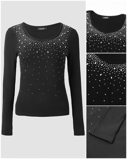 Women's Rhinestone Scoop Neck Long Sleeve Top Slim Fit Ribbed Knit Tee