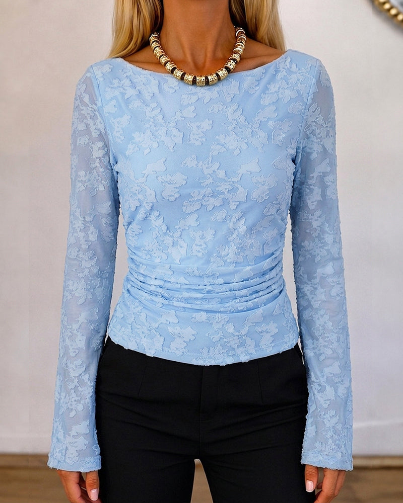 Women's Textured Jacquard Boat Neck Ruched Mesh Flare Sleeve Top