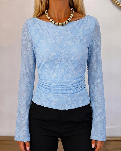 Women's Textured Jacquard Boat Neck Ruched Mesh Flare Sleeve Top