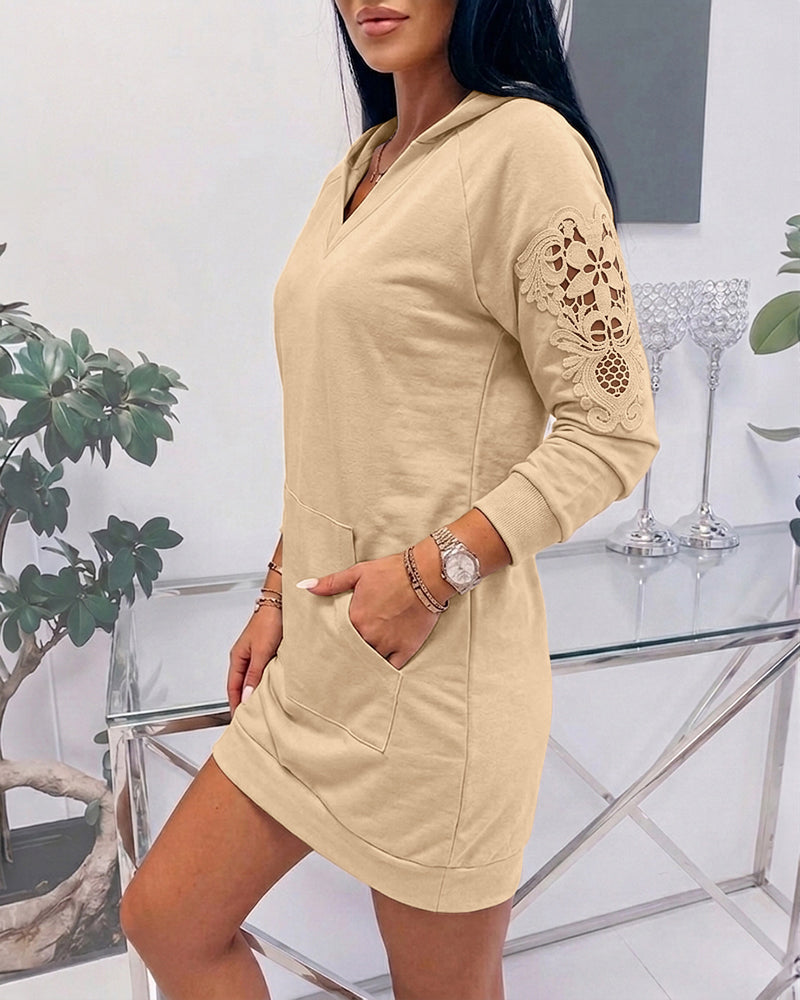 Women's Hooded Sweatshirt Dress V Neck Long Sleeve Guipure Lace Spliced Pullover Hoodie Dress with Pocket