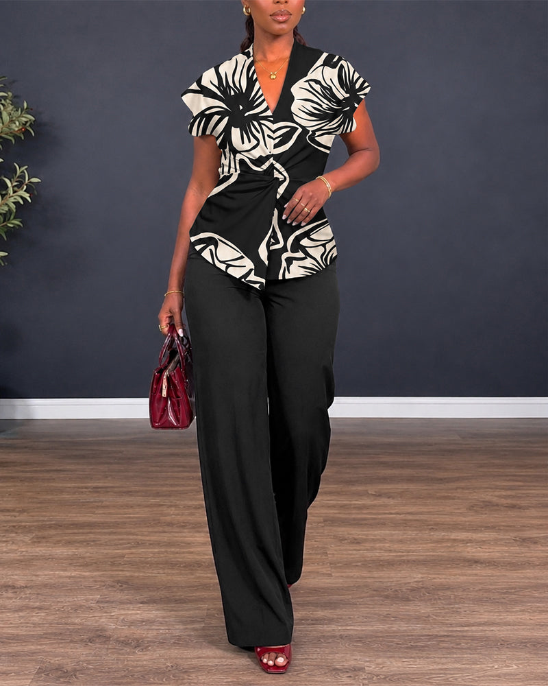 Women's 2 Piece Outfit Floral Print Twist Front V Neck Top and High Waist Wide Leg Pants Set