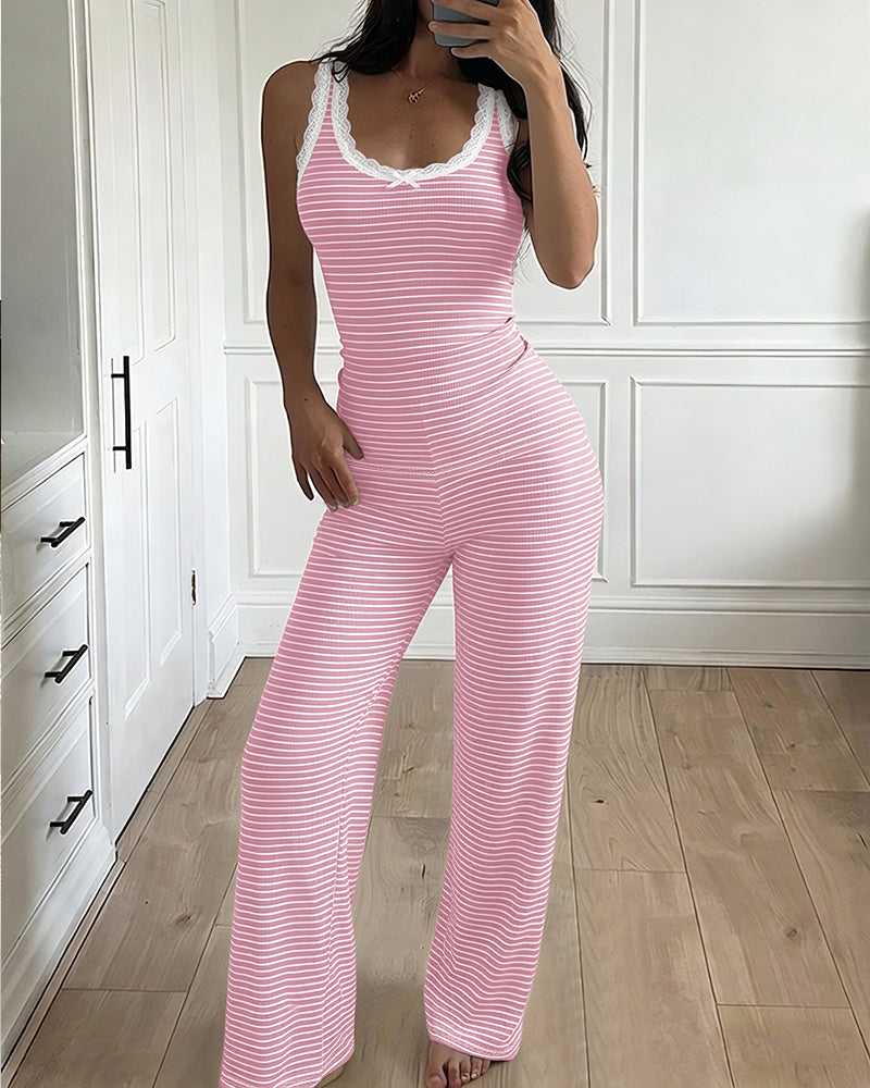 Women's 2 Piece Lace Trim Stripe Lounge Set Sleeveless Tank Top and Wide Leg Pants Set Rib Knit Pajamas Set with Pockets