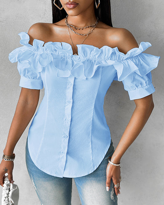 Off the Shoulder Short Sleeve Blouses Asymmetrical Button Ruffles Blouses