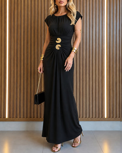 Women's Boat Neck Ruched Maxi Dress Gold Buckle Cap Sleeve Formal Evening Gown