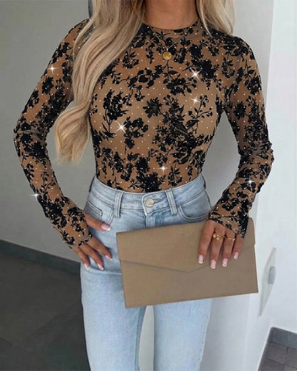 Women's Rhinestone Flocking Floral Sheer Mesh Top Fitted Long Sleeve Tee with Thumb Holes