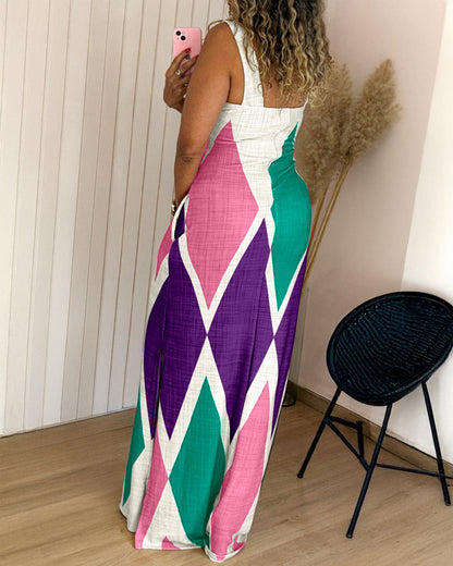 Geometric Print Square Neck Thick Strap Vacation Dress Casual Slim Fit Slit Maxi Dress