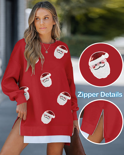 Christmas Santa Claus Pattern Sequin Patch Oversized Sweatshirt Zipper Side Slit Pullover Top