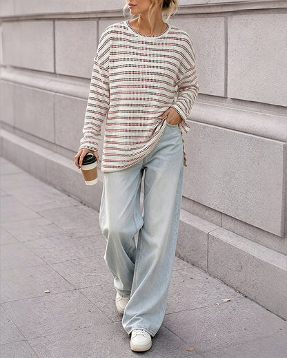 Women's Striped Textured Knit Long Sleeve T-Shirt Casual Side Slit Loose Fit Top