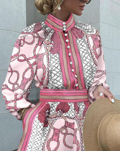 Chain Print Stand Collar Lantern Sleeve Button Front Top and Casual Elastic Waist Shorts Set