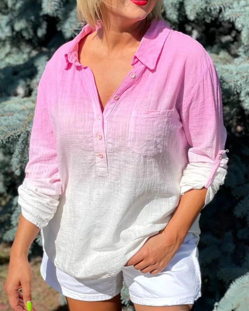 Ombre Turn-down Collar Roll Up Sleeve Half Button Front Shirt Casual Pocket Design Loose Fit Top