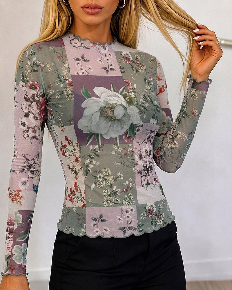Women's Sheer Mesh Floral Print Mock Neck Frill Trim Long Sleeve Top