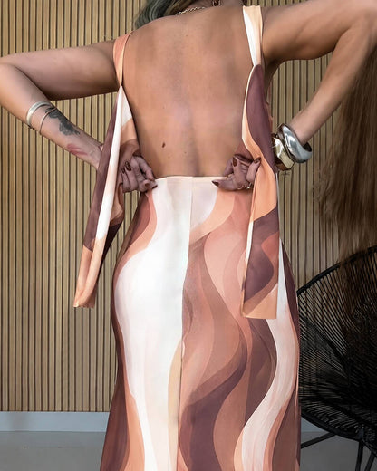 Women's Abstract Print Maxi Dress Elegant Square Neck Backless Tie Vacation Dress Side Slit Beach Sundress with Pockets
