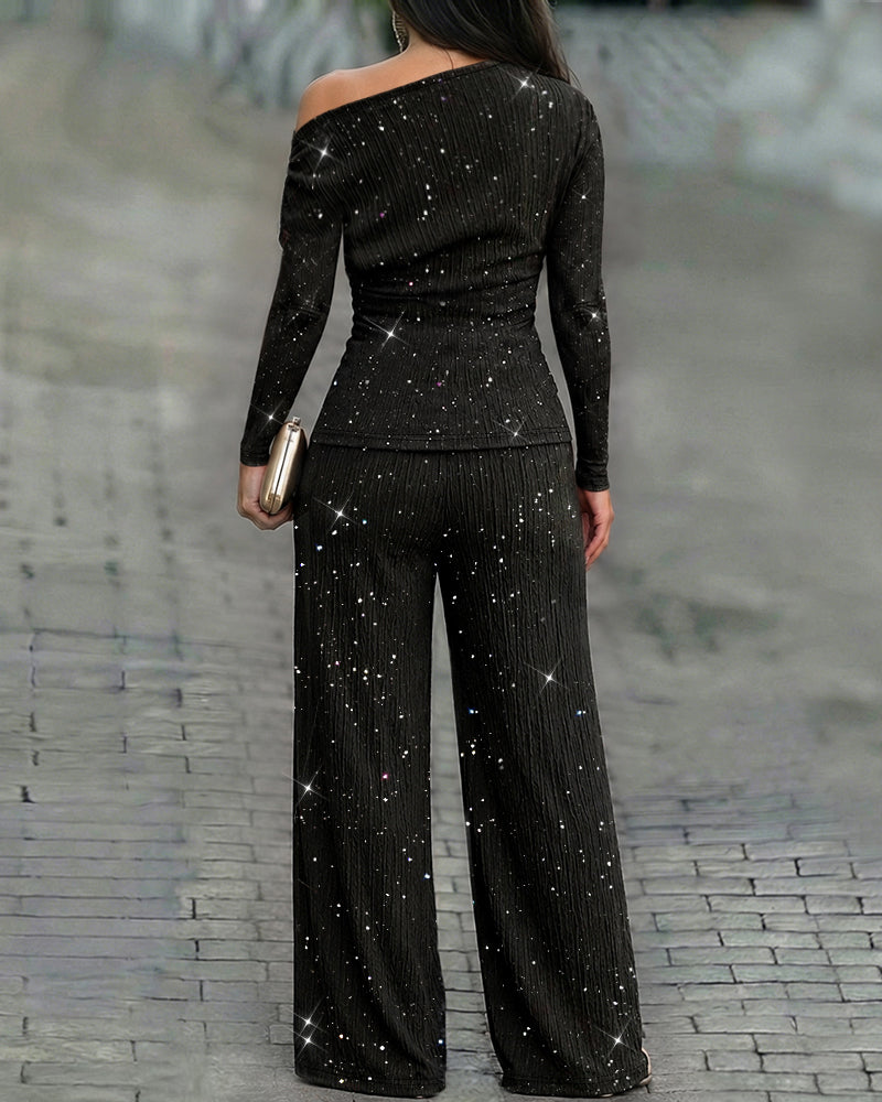 Women's Glitter Two Piece Outfit Skew Neck Long Sleeve Top and High Waist Wide Leg Pants Set