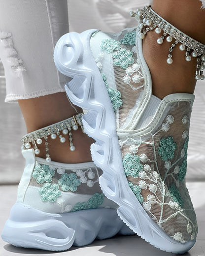 Floral Pattern Sheer Mesh Patch Round Toe Sneakers