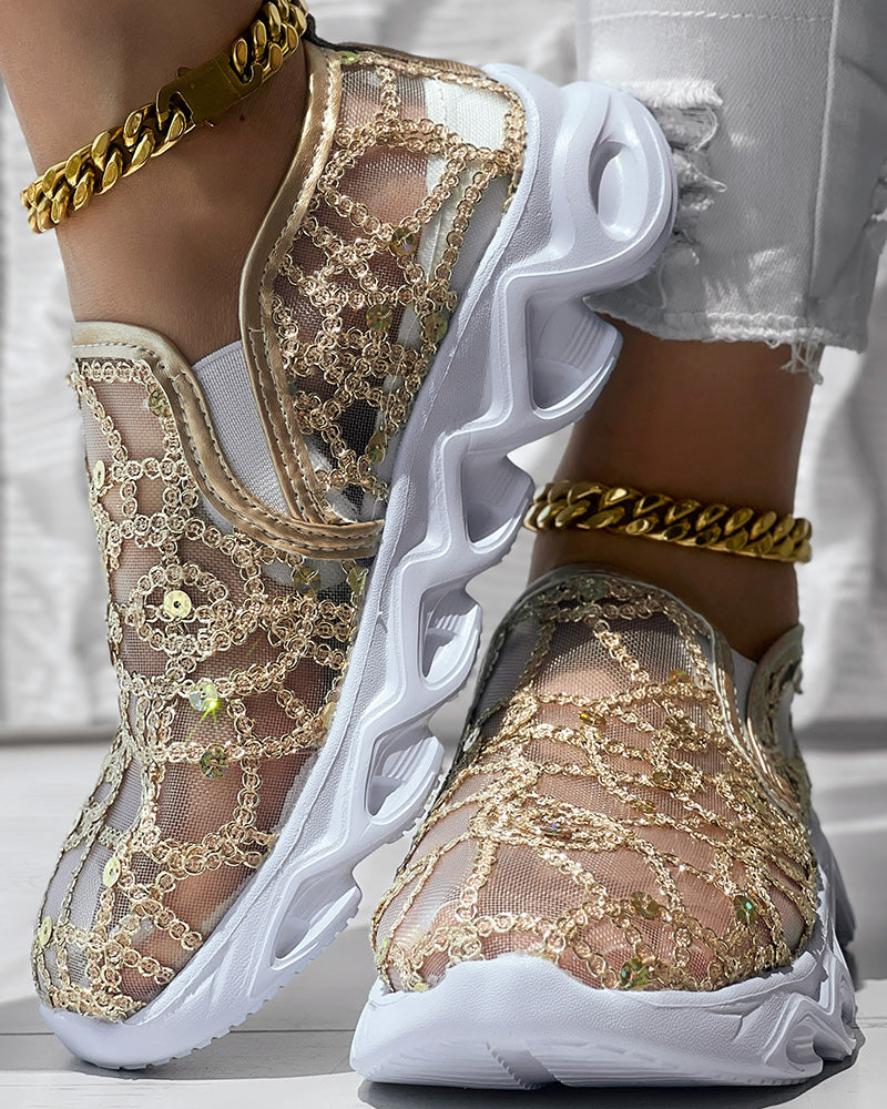 Contrast Sequin Sheer Mesh Patch Breathable Sneakers