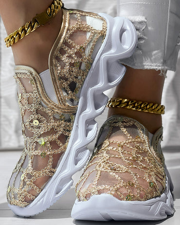 Contrast Sequin Sheer Mesh Patch Breathable Sneakers