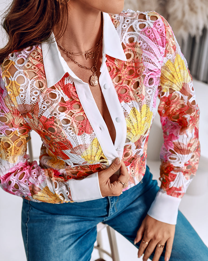 Tie Dye Print Turn-down Collar Long Sleeve Button Front Shirt Casual Hollow-out Top