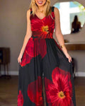 Women's Floral Print Mesh Jumpsuit V Neck Shirred Waist Wide Leg Overalls Backless Sleeveless Jumpsuit with Pockets
