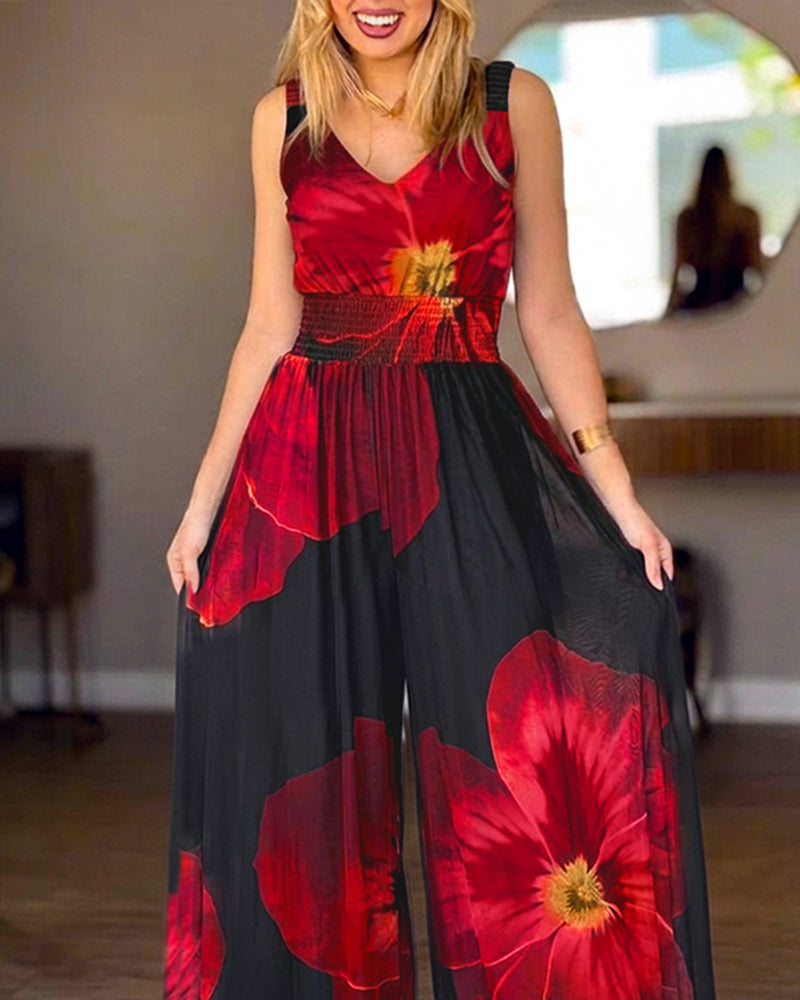 Women's Floral Print Mesh Jumpsuit V Neck Shirred Waist Wide Leg Overalls Backless Sleeveless Jumpsuit with Pockets