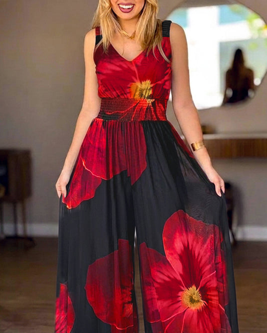 Women's Floral Print Mesh Jumpsuit V Neck Shirred Waist Wide Leg Overalls Backless Sleeveless Jumpsuit with Pockets
