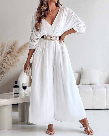 Deep V-Neck Ruched Three Quarters Sleeve Backless Overalls Casual Waist-Gathered Tied Detail Jumpsuit without Belt