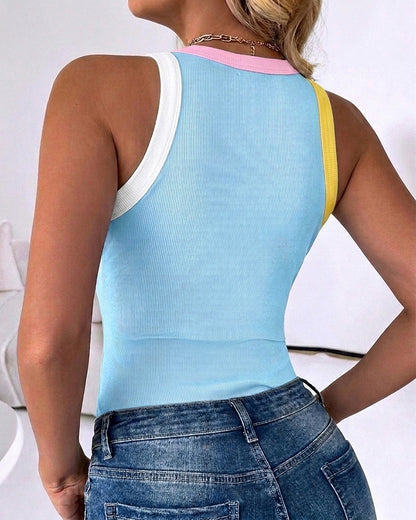 Women's Contrast Trim Ribbed Tank Top Slim Fit Sleeveless Round Neck Basic Camisole for Streetwear & Layering