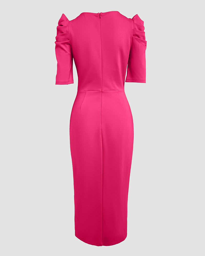 3D Flower Decor Round Neck Puff Sleeve Bodycon Dress Casual Ruched Slit Zipper Back Work Dress