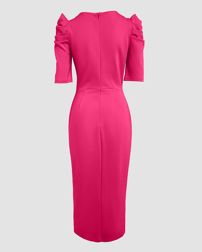 3D Flower Decor Round Neck Puff Sleeve Bodycon Dress Casual Ruched Slit Zipper Back Work Dress