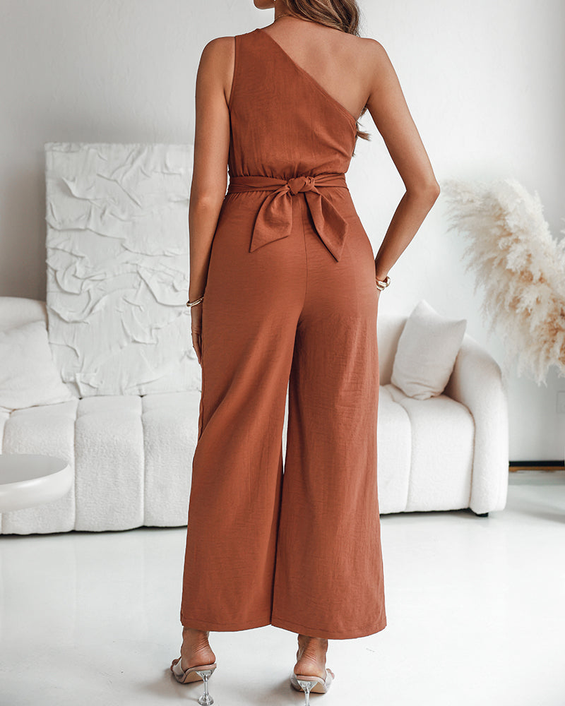 One Shoulder Sleeveless Ruched Cinched Waist Zipper Side Overalls Tied Detail Elastic Waist Wide Leg Jumpsuit