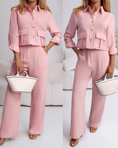 2 Pieces Outfit Turn-down Collar Turn-Up Sleeves Button Front Flap Pockets Design Top and Causal Zipper Fly Elastic Back Waist Wide Leg Pants Set