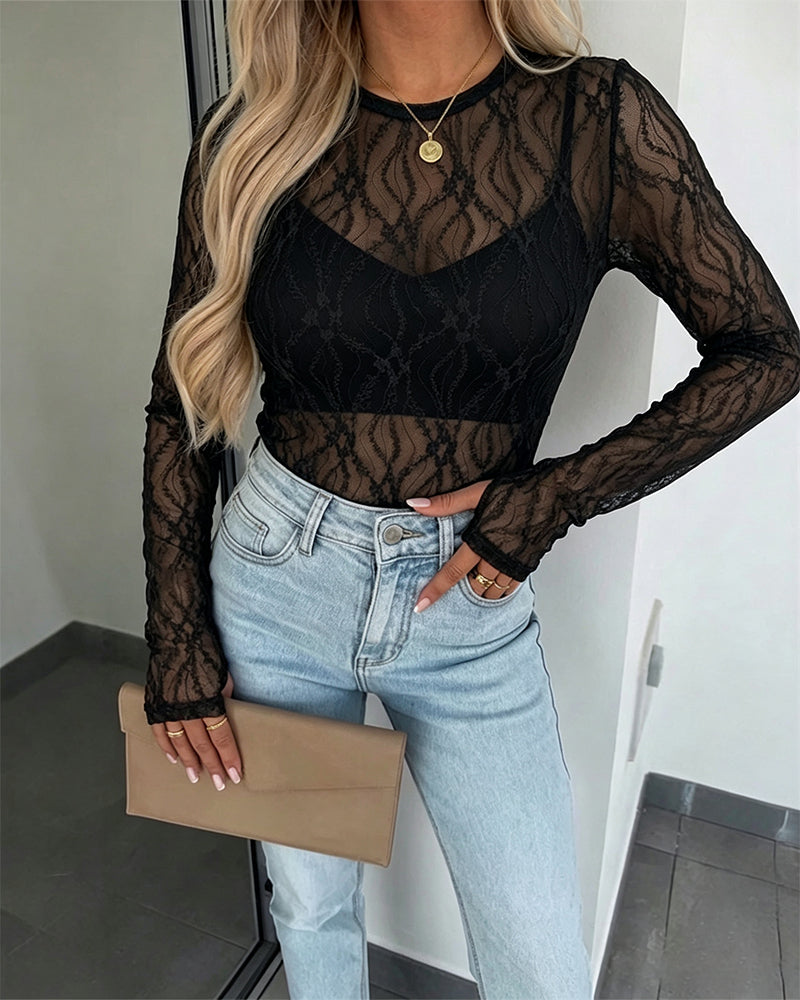 Women's Jacquard Textured Sheer Lace Long Sleeve Top Crewneck Slim Fit Tee with Thumb Holes