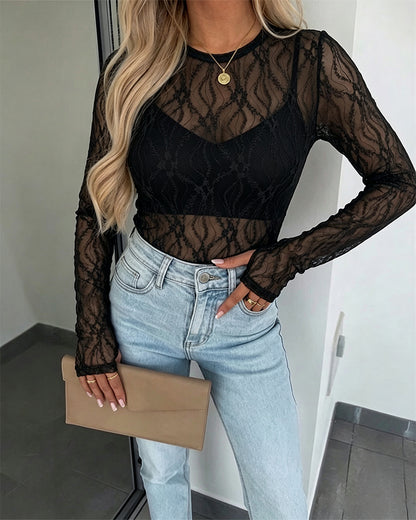 Women's Jacquard Textured Sheer Lace Long Sleeve Top Crewneck Slim Fit Tee with Thumb Holes