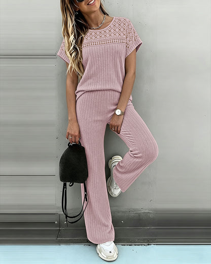 Women's 2 Piece Knit Set Lace Patchwork Short Sleeve Top and Wide Leg Pants Casual Ribbed Brushed Lounge Set