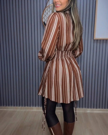 Women's Striped Shirt Dress Button Down Long Sleeve Shirred Waist Casual Dress