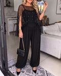 Women's 2-Piece Set Pearl Embellished Split Sleeve Chiffon Cape with Cami Lantern Jumpsuit