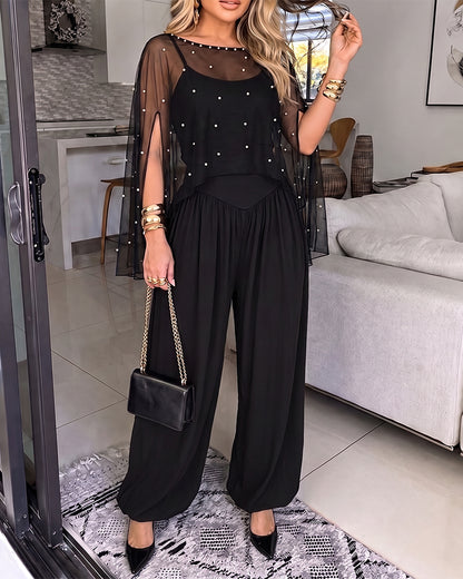 Women's 2-Piece Set Pearl Embellished Split Sleeve Chiffon Cape with Cami Lantern Jumpsuit