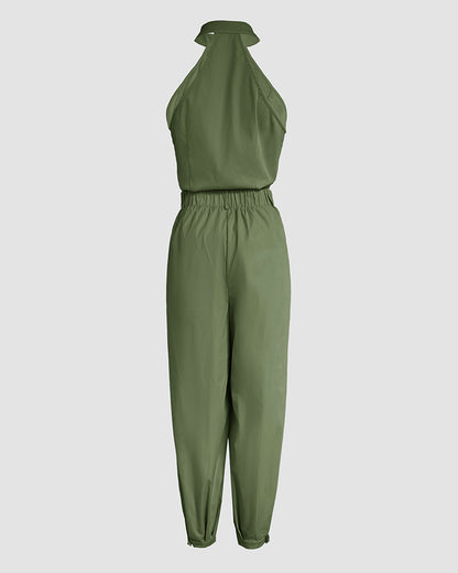 2 Pieces Outfits Sleeveless High Neck Cargo Pockets Design Top And Casual Cuffed Long Pants Set