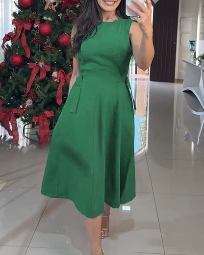 Sleeveless Buckle Side Zipper Back Mid-length Dress Casual Cinched Waist A Line Dress