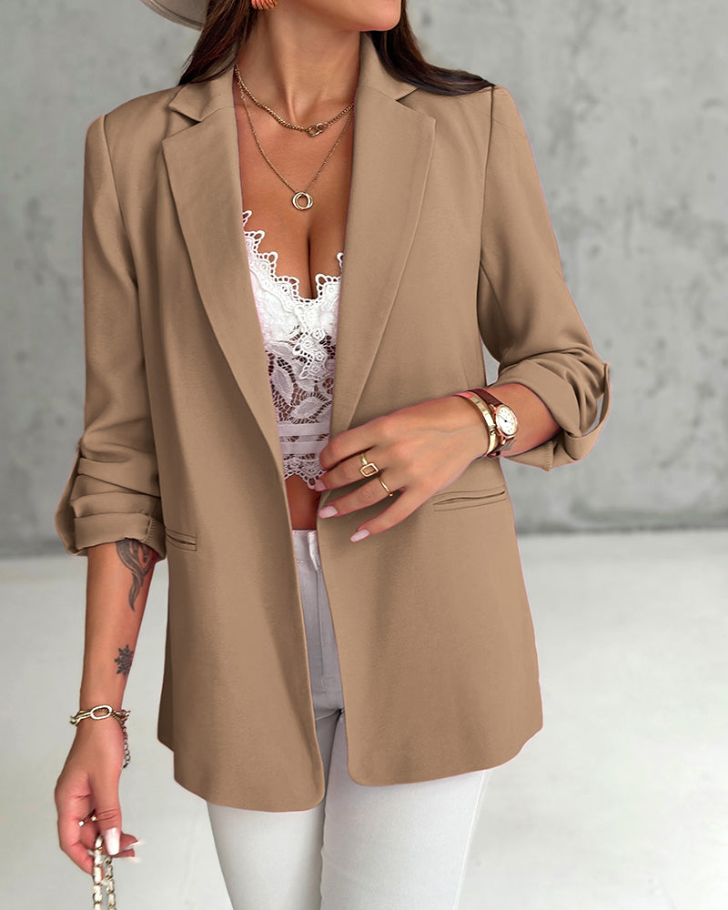 Notched Collar Roll Up Sleeve Blazer Coat