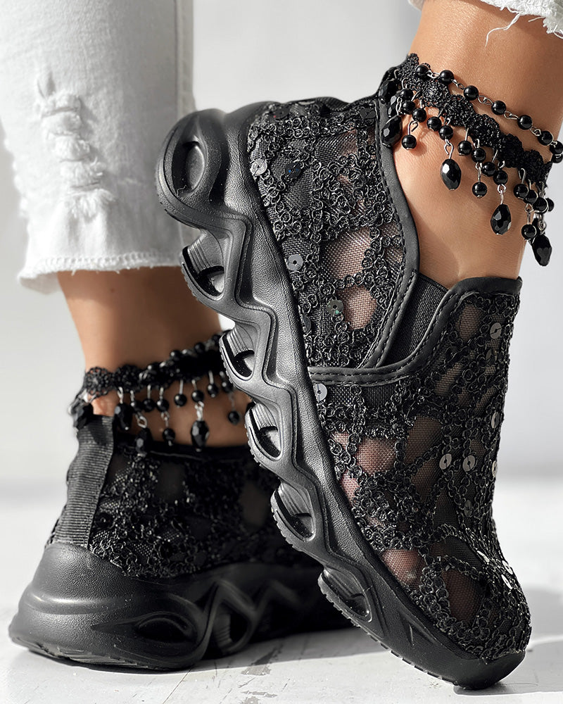Contrast Sequin Sheer Mesh Patch Breathable Sneakers