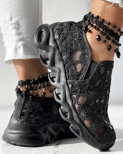Contrast Sequin Sheer Mesh Patch Breathable Sneakers