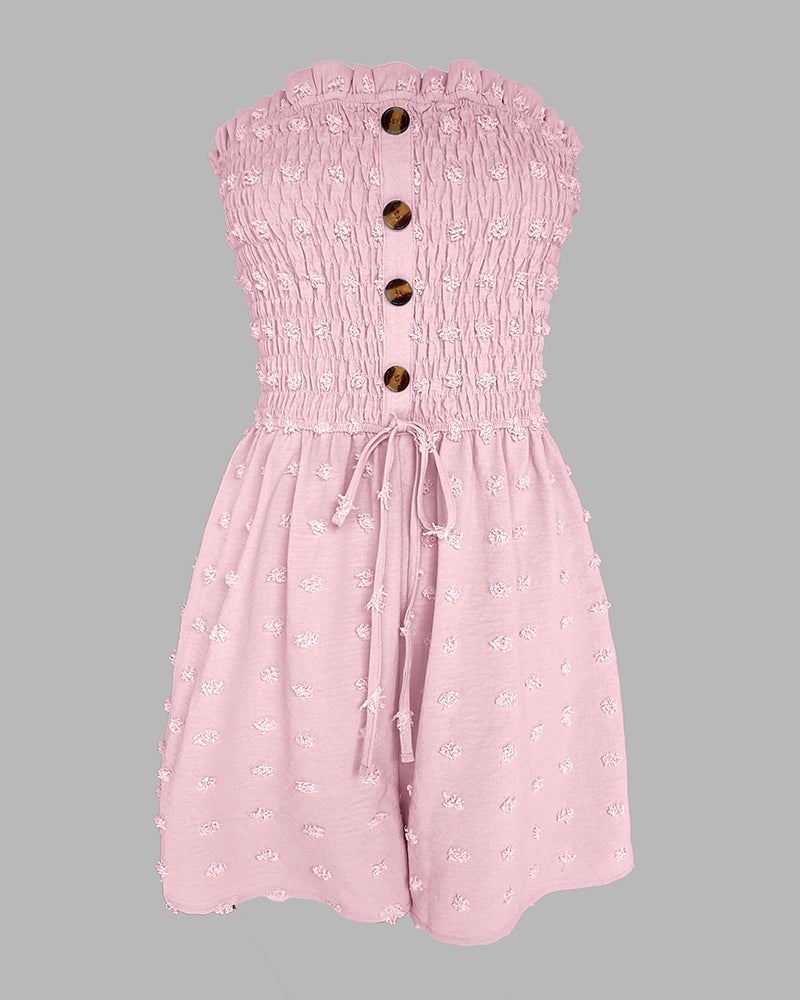 Polka Dot Bandeau Sleeveless Shirred Rompers Casual Button Decor Tied Detail Short Jumpsuit