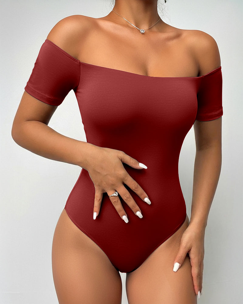 Off Shoulder Short Sleeve Minimalist Slim Fit Bodysuit