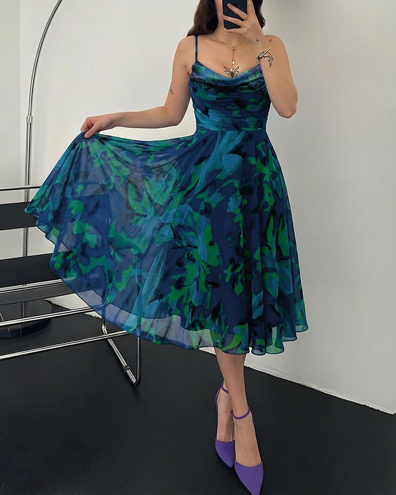 Vintage Print Cowl Neck Adjustable Spaghetti Straps A Line Dress Elegant Cinched Waist Zipper Back Party Dress