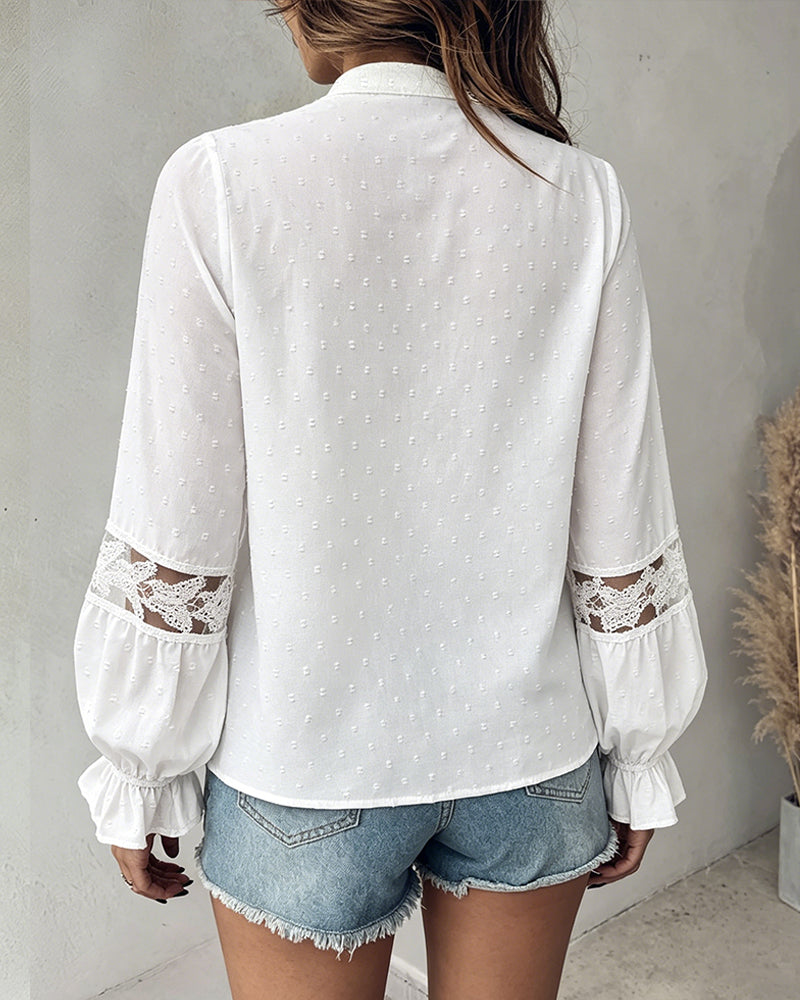 Women's Butterfly Lace Patchwork Jacquard Shirt V-Neck Tassel Tie Blouse Loose Fit Flared Cuffs Hollow-Out Top