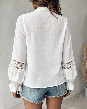 Women's Butterfly Lace Patchwork Jacquard Shirt V-Neck Tassel Tie Blouse Loose Fit Flared Cuffs Hollow-Out Top