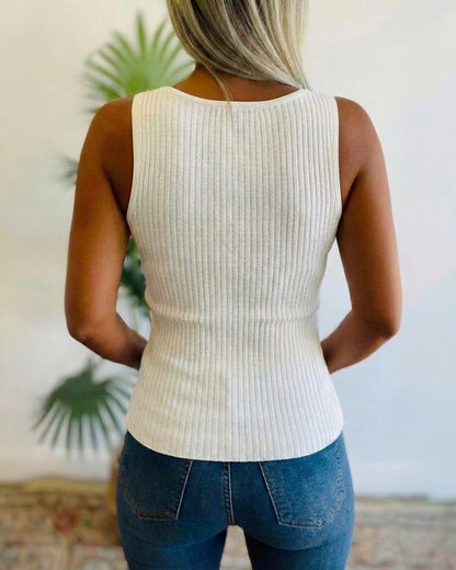 Rhinestone Decor U-Neck Sleeveless Tee Slim Fit Backless Ribbed Tank Top