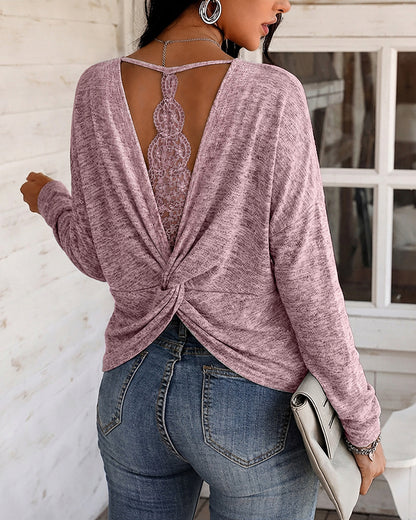 Women's Long Sleeve Knit Top Backless Twist Lace Panel Casual Tee