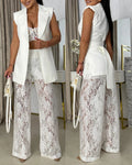 Women's 2 Piece Outfit Sleeveless Lapel Suit Vest and Sheer Floral Lace High Waisted Straight Leg Pants Set with Belt